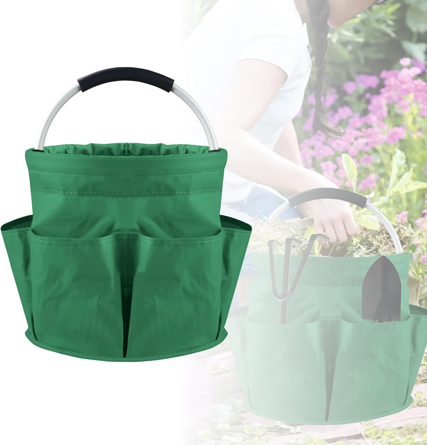Canvas Garden Bucket Tote Bag, 3 in 1 Foldable Backyard Water Storage Tool Organizer for Planting, Pruning, Harvesting, 4 Gal, Not Include Tools