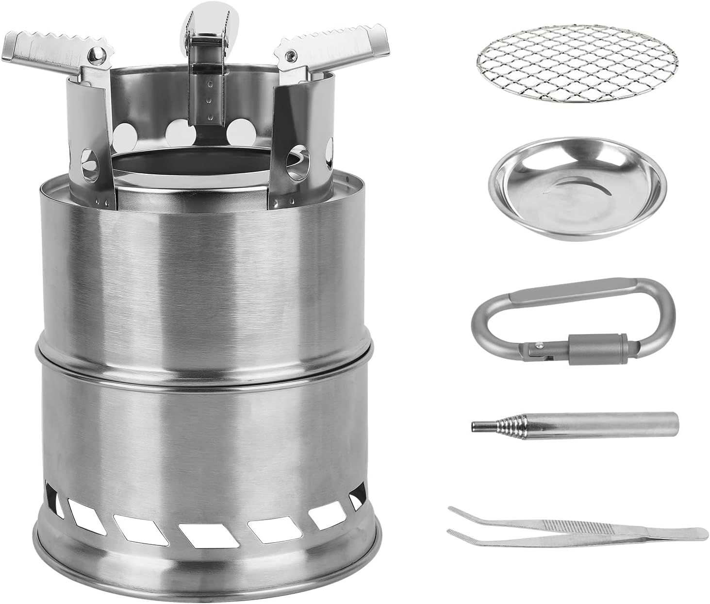 Portable Camping Wood Stove, Stainless Steel Burning Camp Stove for Picnic, BBQ, Hiking, Mini Backpacking Survival Stove with Grill Grid Carry Bag