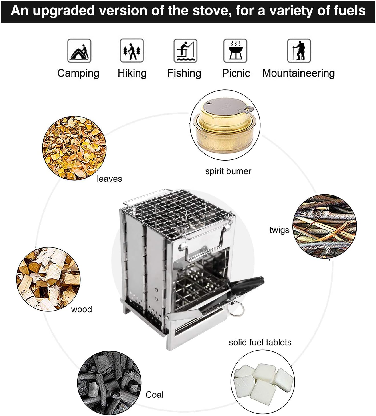 Wood Burning Folding Camp Stove Stainless Steel Grid, Portable Collapsible Backpacking Stove Survival for Hiking Outdoor Tent Camping Picnic BBQ, Samll - Image 2