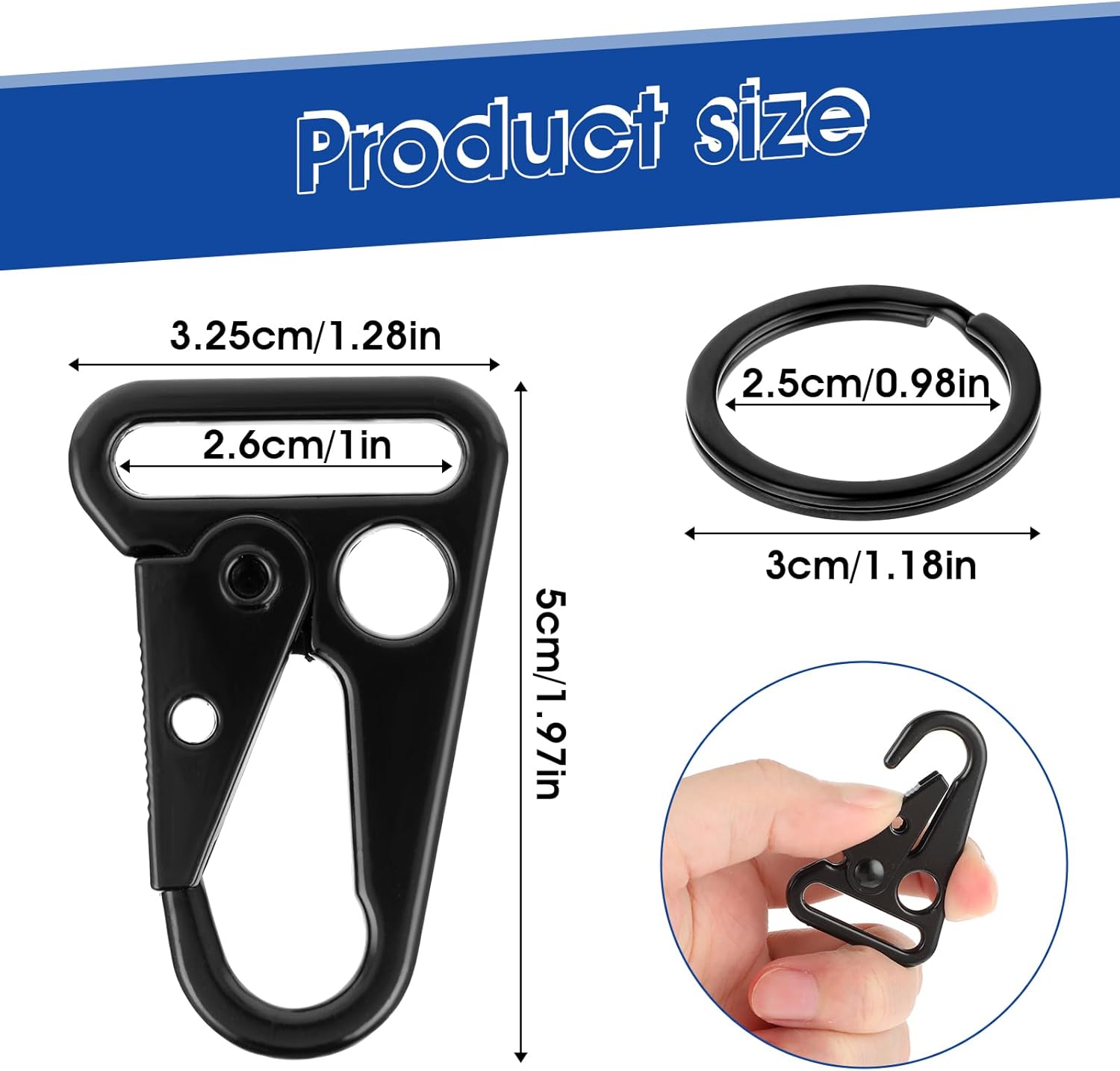 8 Sets Heavy Duty Keychain Clip for Keys Metal Sling Hook Black Carabiner Clip Keychain Hook Clip for Outdoors Bag Backpack Keychain Attachments with Key Rings - Image 2
