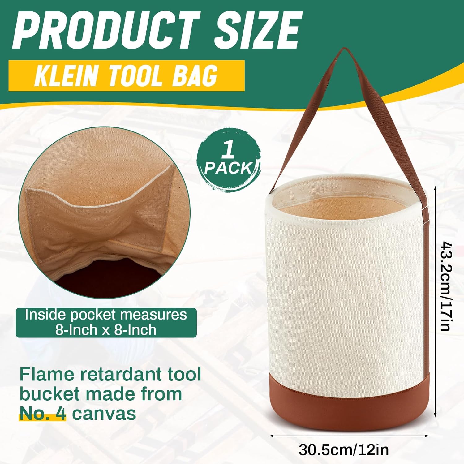 Canvas Bucket Tool Bag 17" x 12" Made of No. 4 Canvas with Leather Bottom Tool Bag Bucket with 1 Pocket Load Capacity up to 121 lb for Iron Workers Welding - Image 2