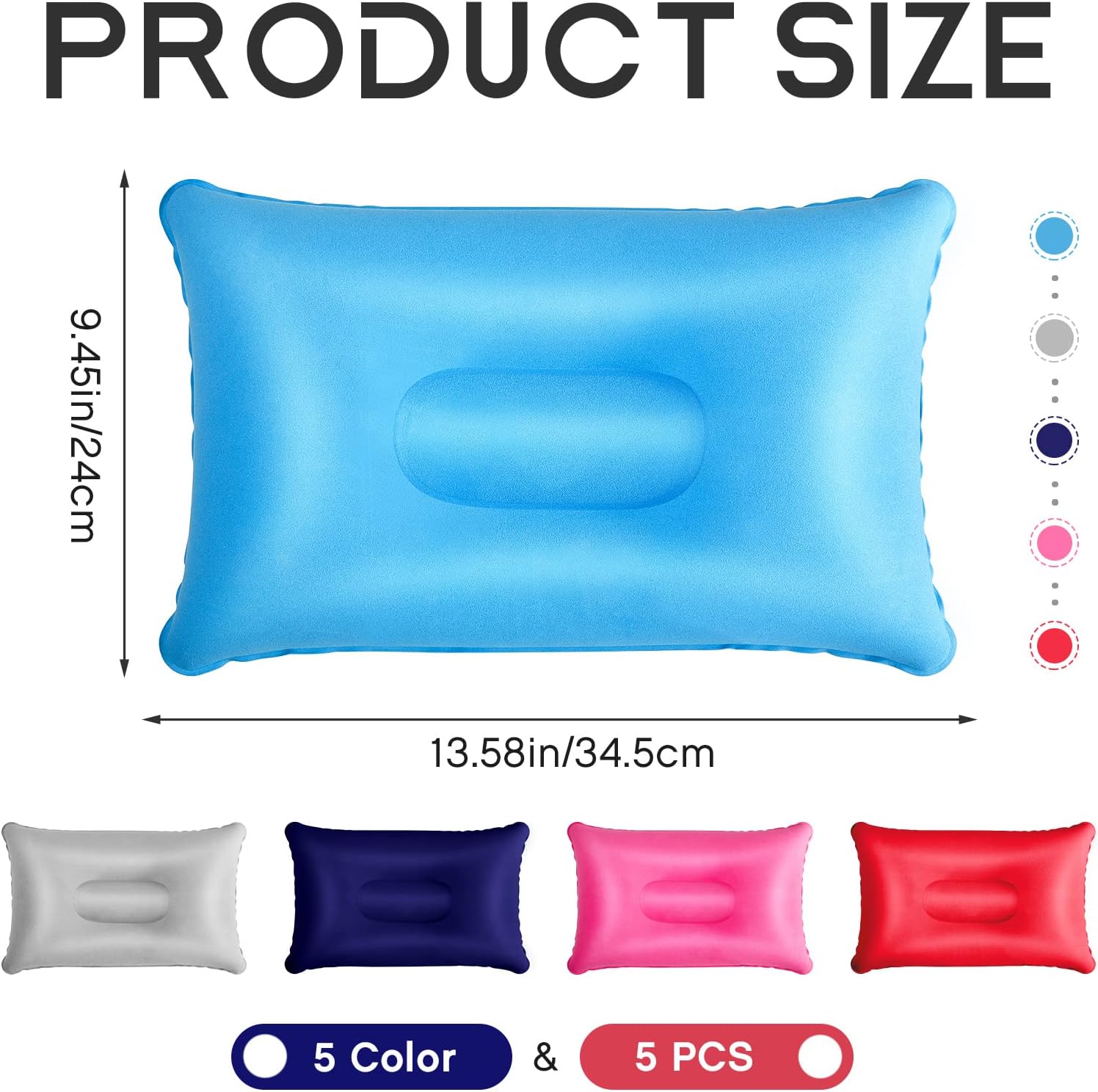 5 Pieces Inflatable Travel Pillow Portable Compact Air Pillow Flocked Fabric Backpacking for Camping Hiking Home Office Sleeping Neck Head Lumbar Support(13.39 x 8.66 Inches,Multicolor) - Image 2