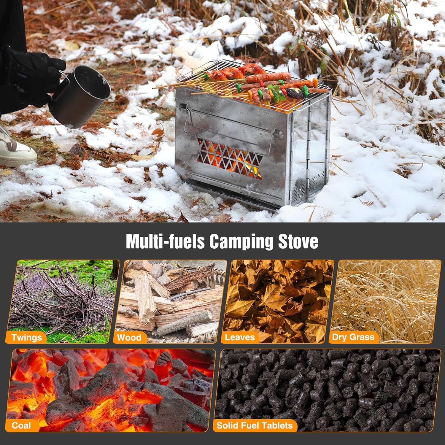 Wood Burning Folding Camp Stove Stainless Steel Grill, Rectangle Style Portable Collapsible Backpacking Stove Survival for Hiking Outdoor Tent Camping Picnic BBQ, Large - Image 2